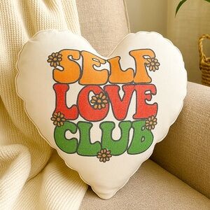 Heart Throw Pillow – “Self Love Club” Quote, 11” Decorative Cushion